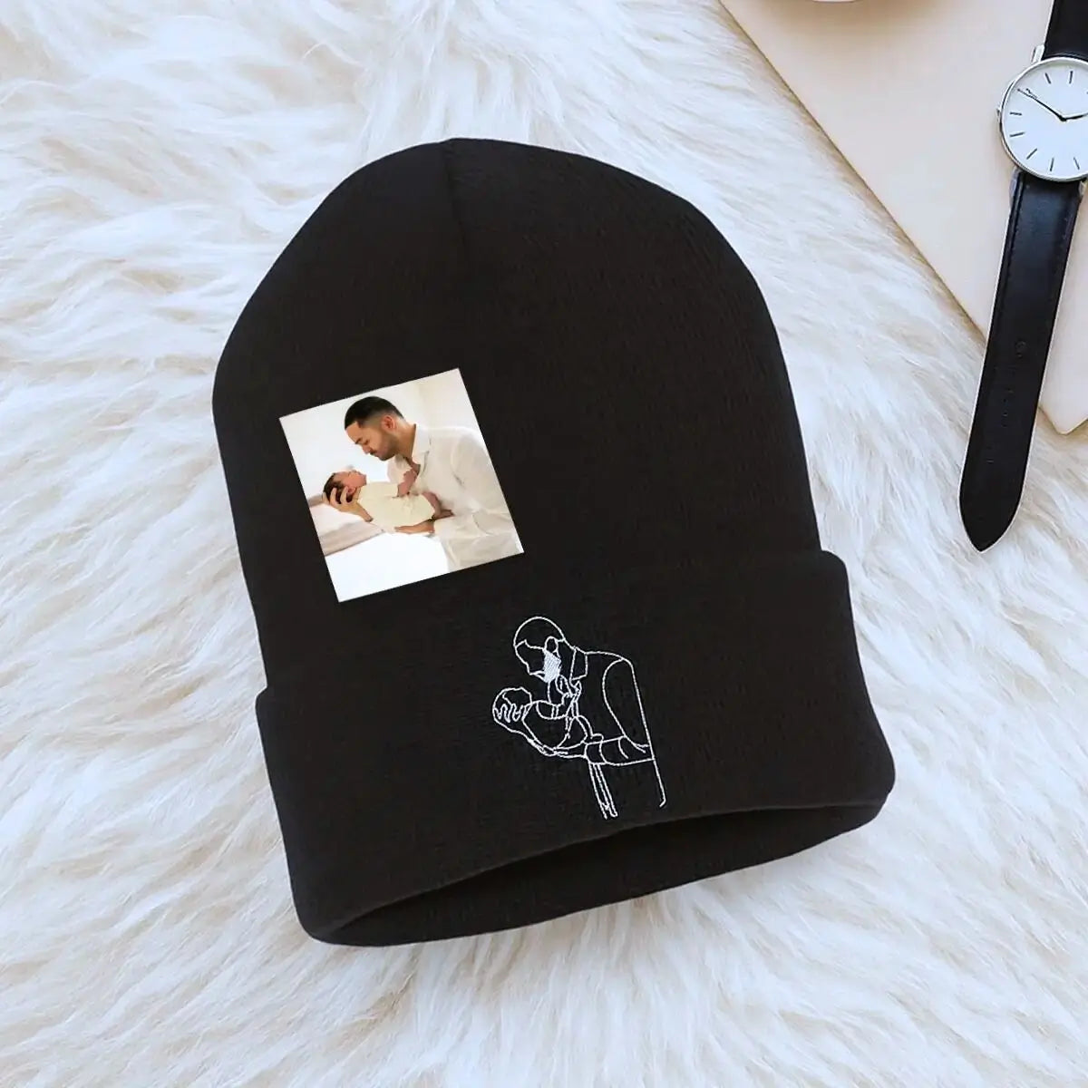 Custom embroidered beanie with dad’s photo portrait stitched in thread