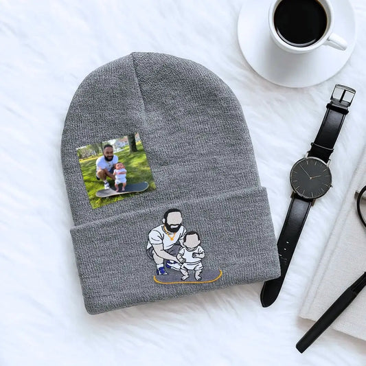 Custom embroidered beanie with dad’s photo portrait stitched in thread