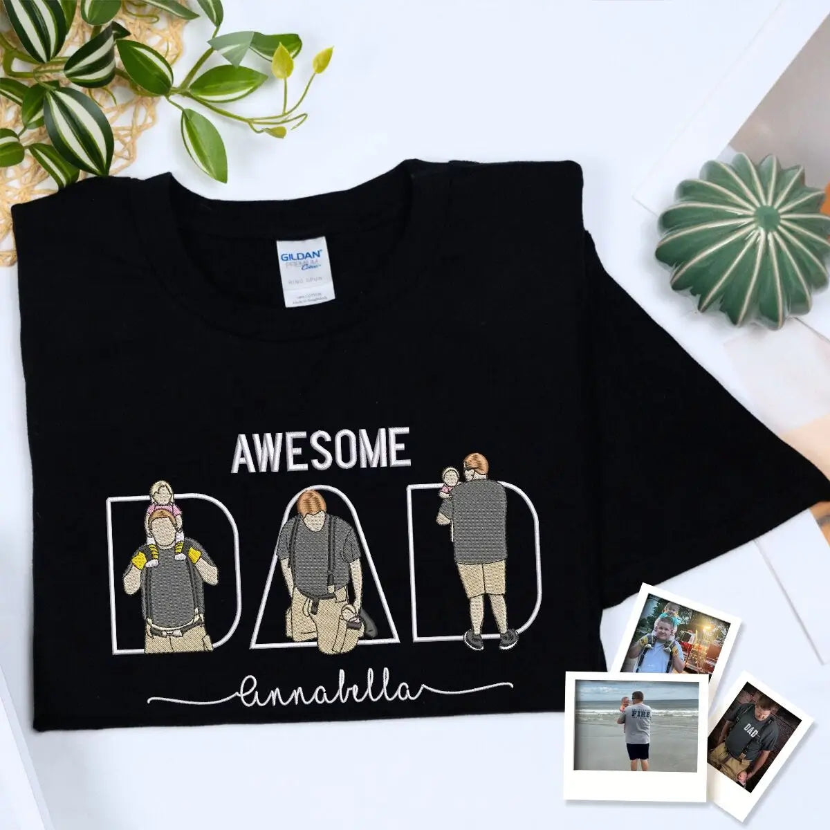 Custom embroidered dad shirt with portrait and kids’ names on chest – gift for Father’s Day or birthday