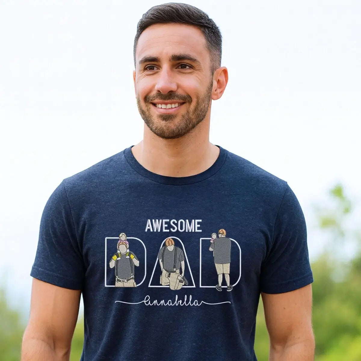 Custom embroidered dad shirt with portrait and kids’ names on chest – gift for Father’s Day or birthday