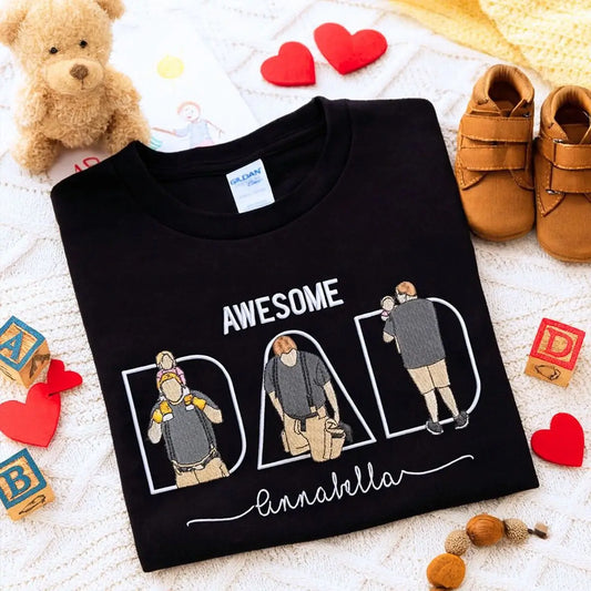 Custom embroidered dad shirt with portrait and kids’ names on chest – gift for Father’s Day or birthday