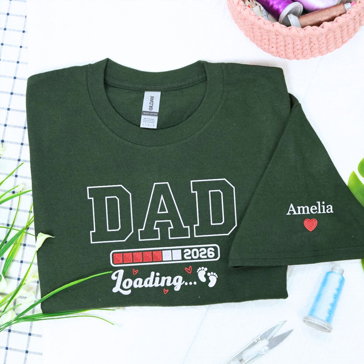 Custom embroidered dad to be shirt with baby’s name on sleeve and year on chest