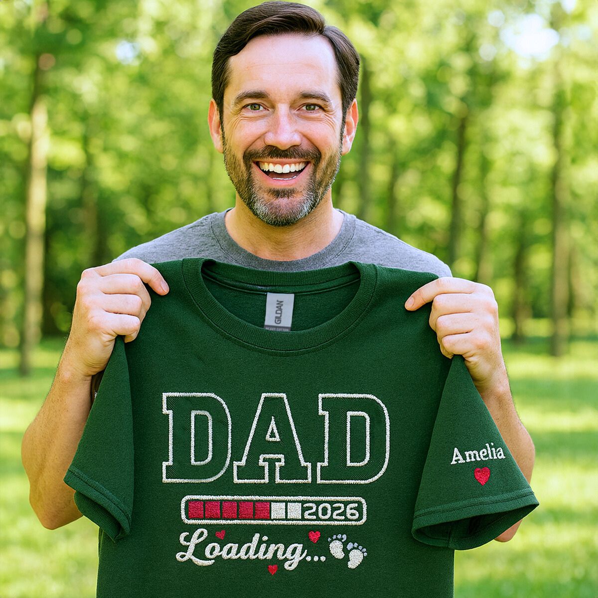 Custom embroidered dad to be shirt with baby’s name on sleeve and year on chest