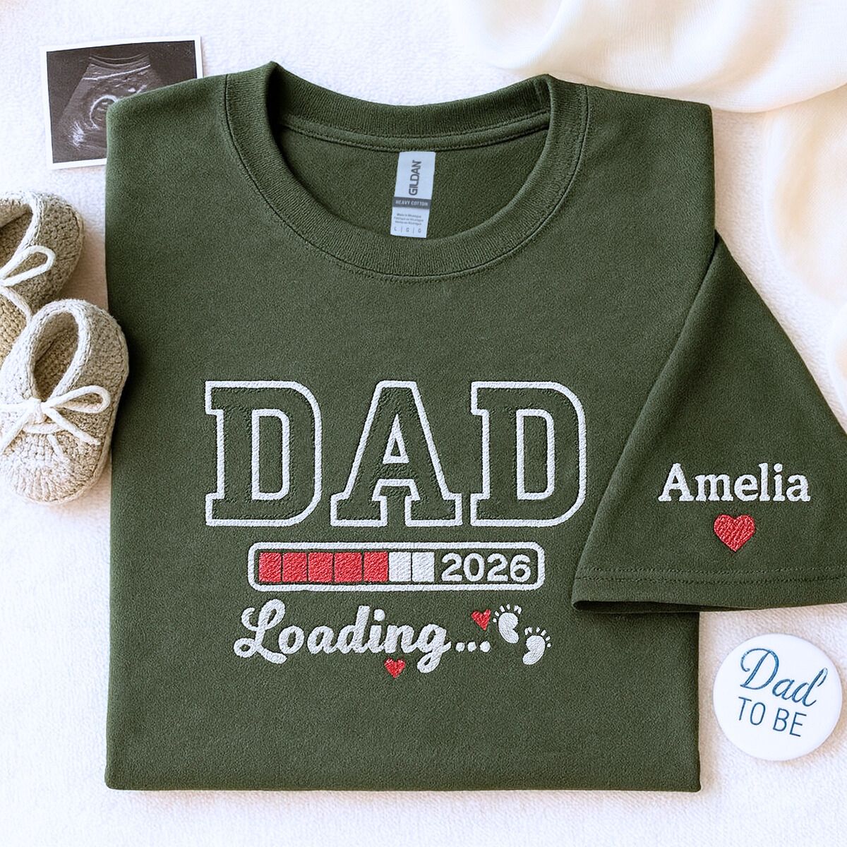 Custom embroidered dad to be shirt with baby’s name on sleeve and year on chest