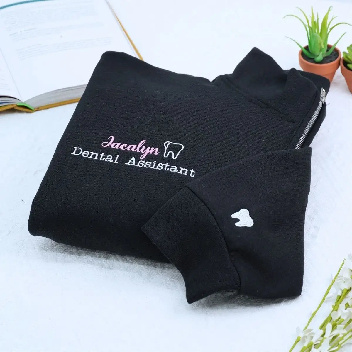 Custom embroidered quarter zip sweatshirt for dental assistant with name or icon on sleeve