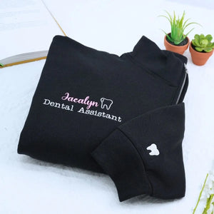 Custom embroidered quarter zip sweatshirt for dental assistant with name or icon on sleeve