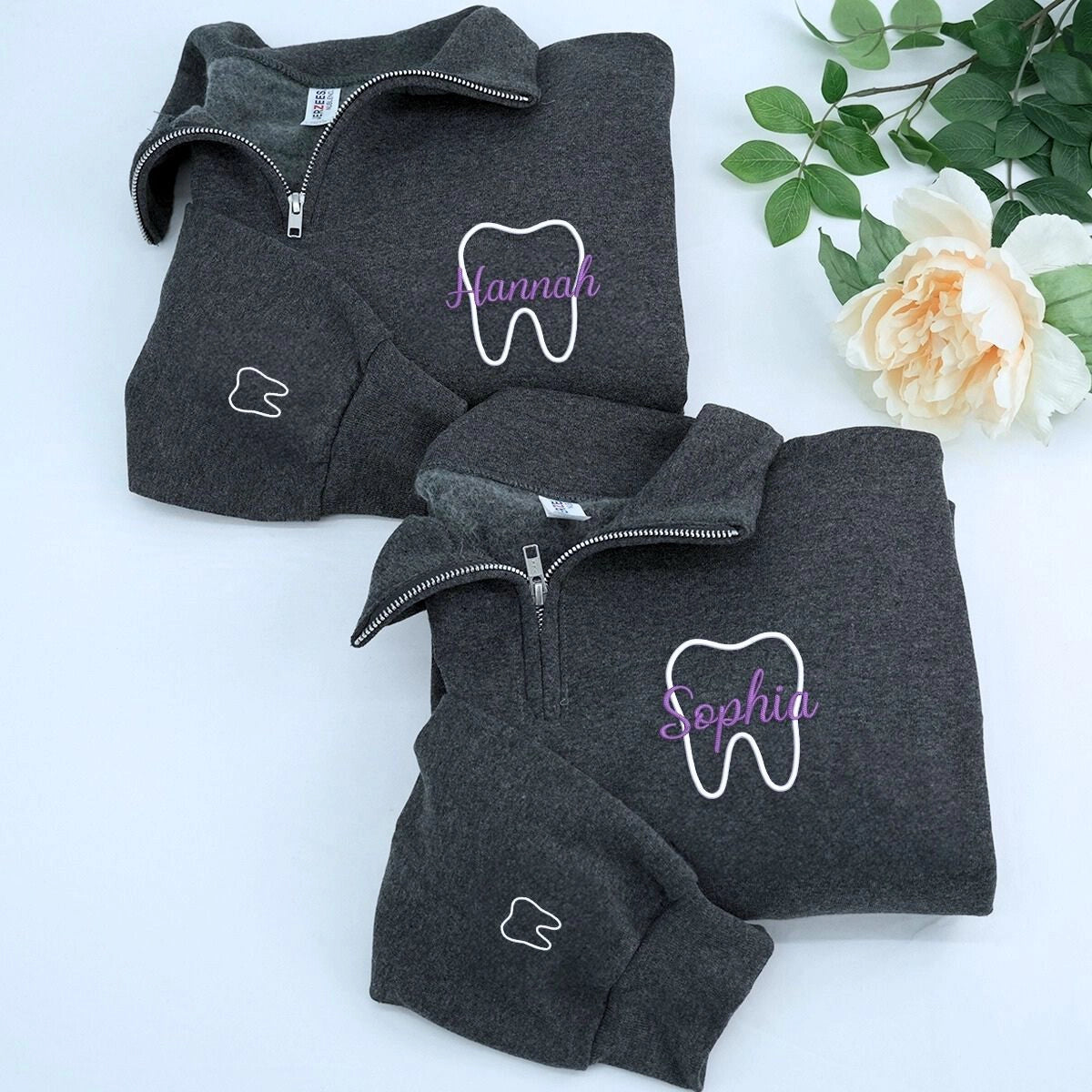 Personalized embroidered dentist sweatshirt with name on chest and dental text on sleeve