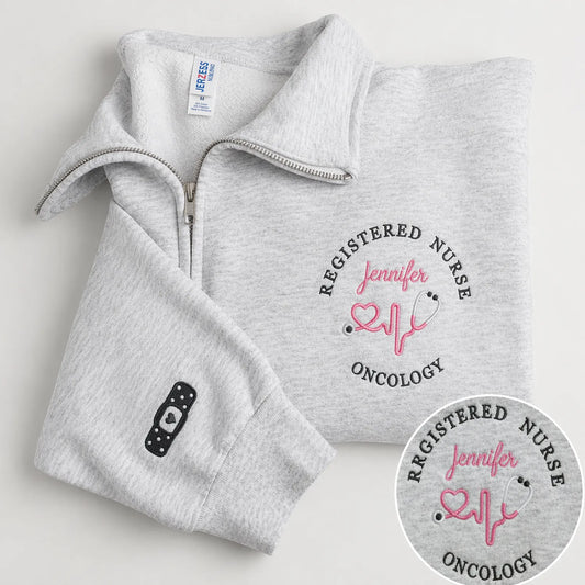Personalized Oncology RN Quarter Zip, Custom Name & Title Embroidered Pullover, Nurses Week Birthday Gift for Her