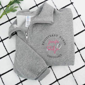 Personalized Oncology RN Quarter Zip, Custom Name & Title Embroidered Pullover, Nurses Week Birthday Gift for Her
