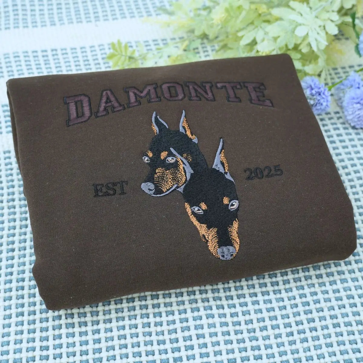 Custom embroidered Doberman portrait shirt with name on sleeve, gift for dog dads