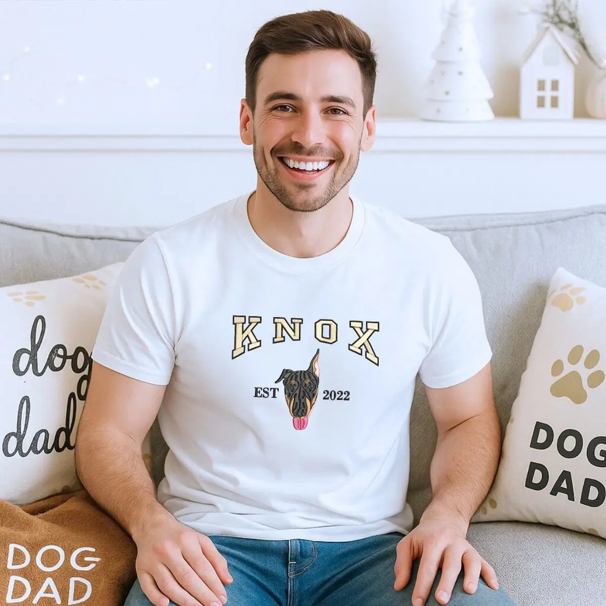 Custom embroidered Doberman portrait shirt with name on sleeve, gift for dog dads