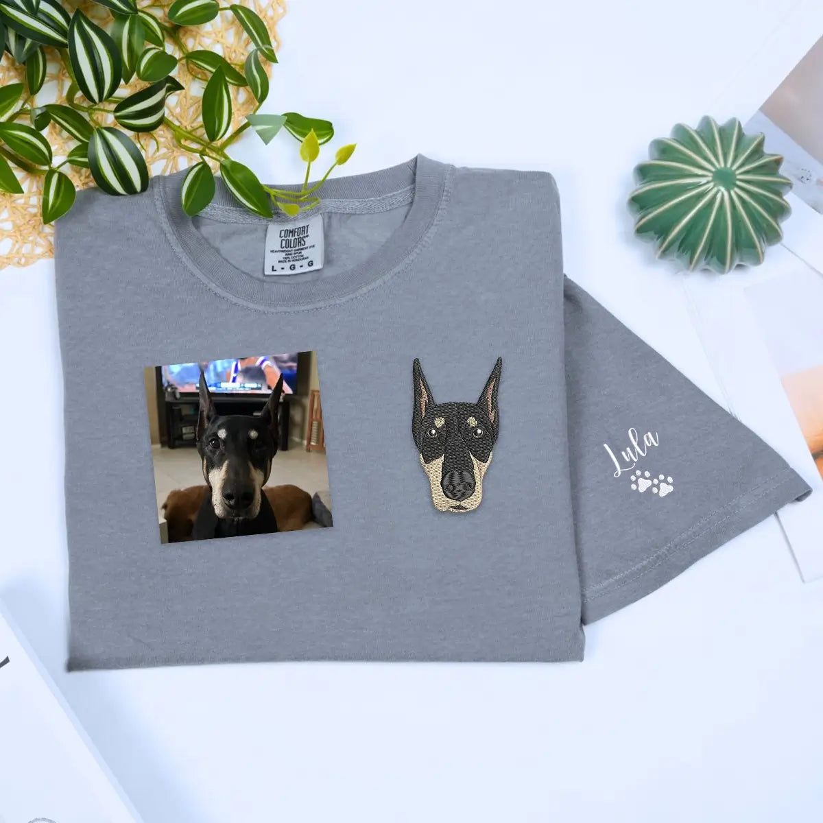 Custom embroidered Doberman portrait shirt with name on sleeve, gift for dog dads