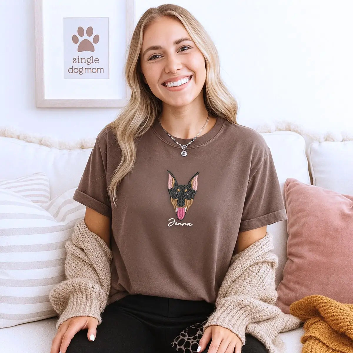 Custom embroidered shirt featuring a realistic portrait of a Doberman dog with name on the sleeve