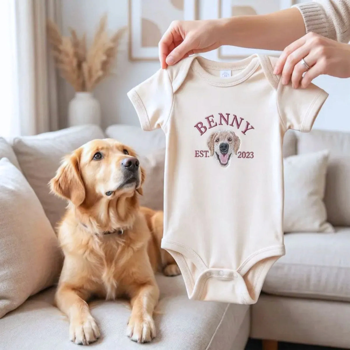 Personalized dog-themed baby onesie featuring pet portrait for expecting parents