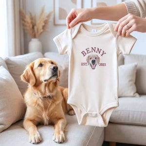Personalized dog-themed baby onesie featuring pet portrait for expecting parents