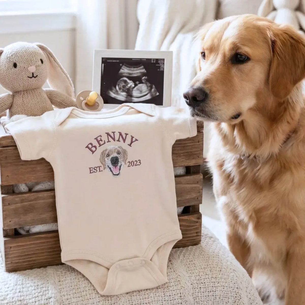 Personalized dog-themed baby onesie featuring pet portrait for expecting parents
