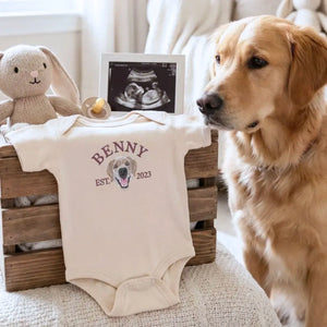 Personalized dog-themed baby onesie featuring pet portrait for expecting parents