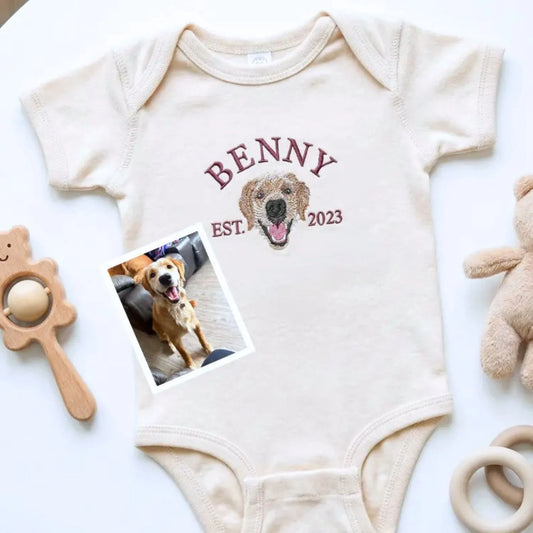 Personalized dog-themed baby onesie featuring pet portrait for expecting parents