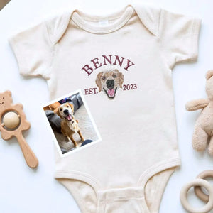 Personalized dog-themed baby onesie featuring pet portrait for expecting parents