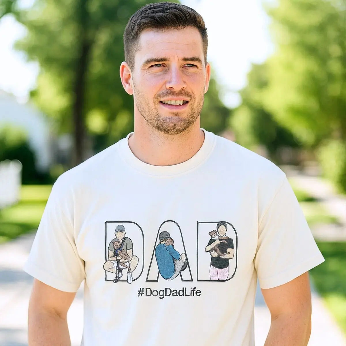 Custom embroidered dog dad shirt with pet portrait and name on sleeve