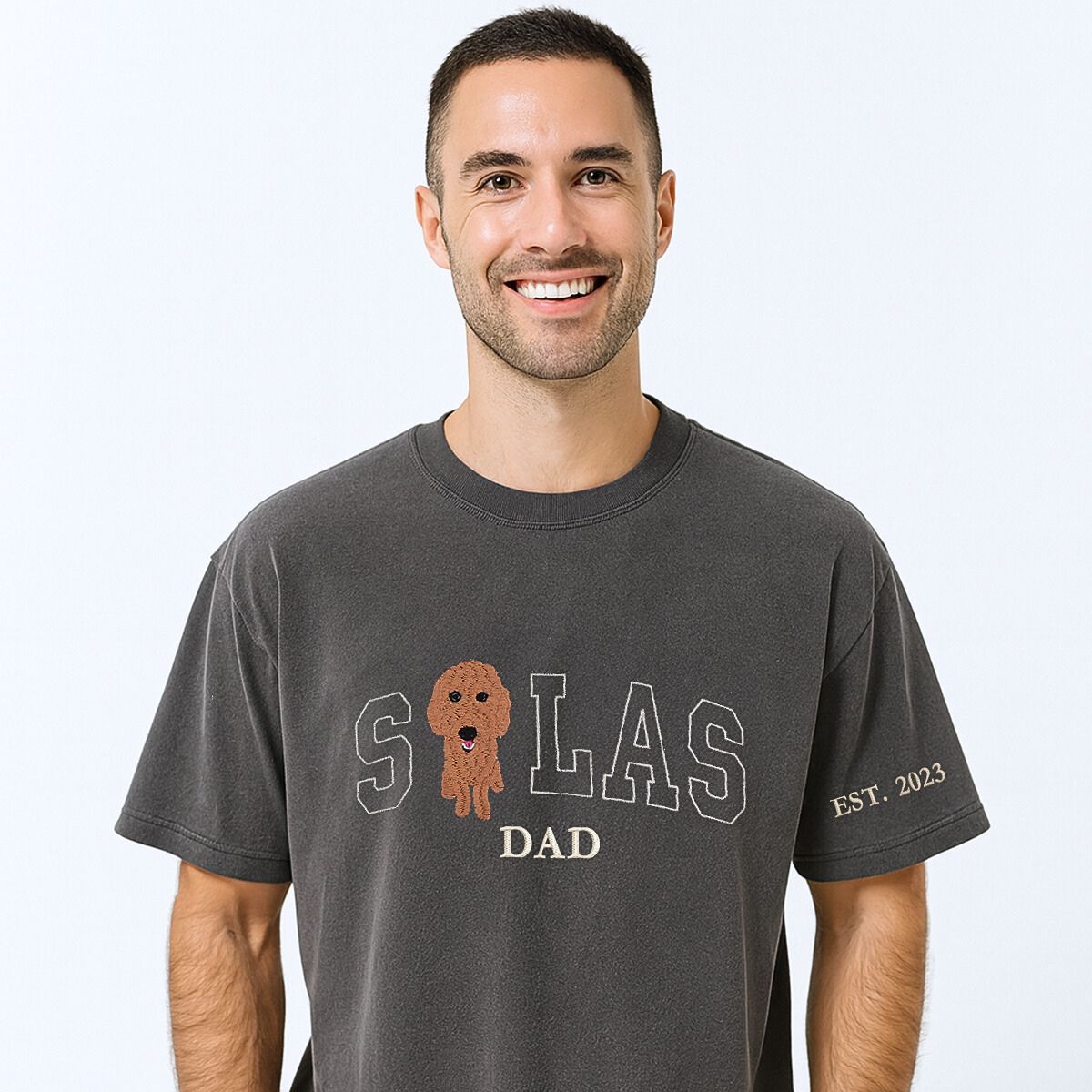 Custom embroidered dog dad shirt with pet portrait and personalized sleeve text