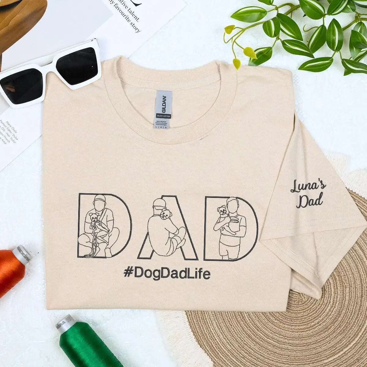 Custom embroidered dog dad shirt with pet portrait and name on sleeve