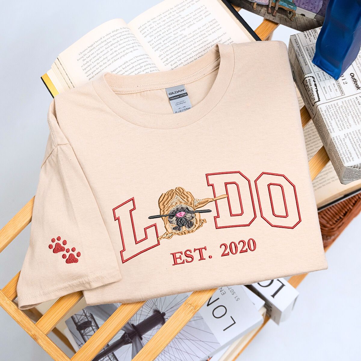 Custom embroidered dog dad shirt with pet portrait and personalized sleeve text