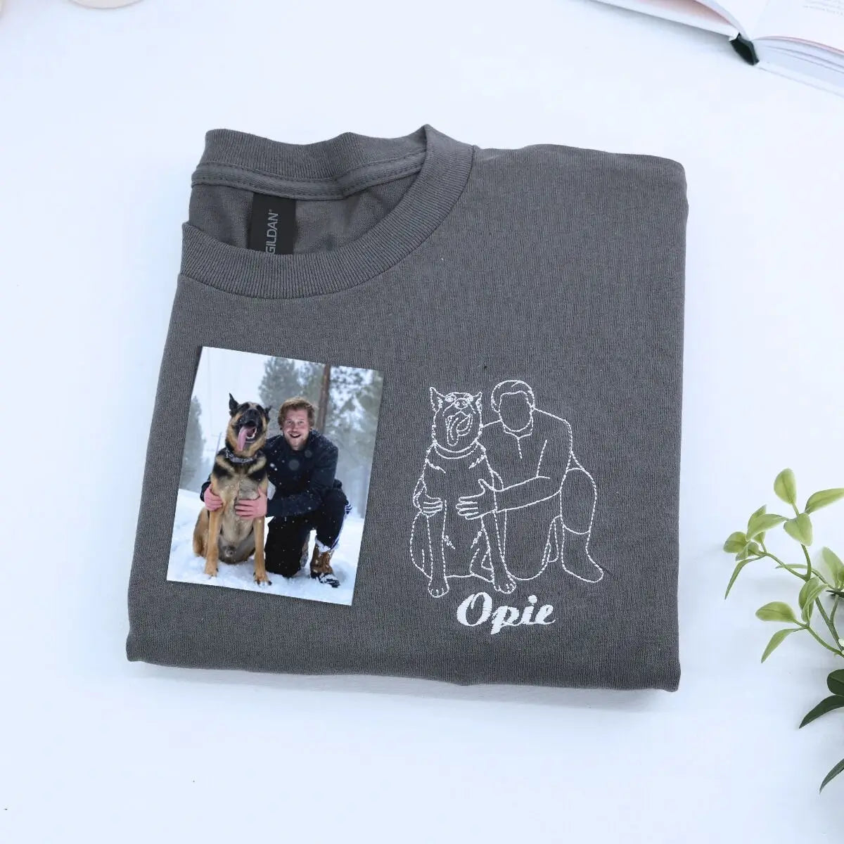 Custom embroidered dog dad shirt with pet portrait and name on sleeve