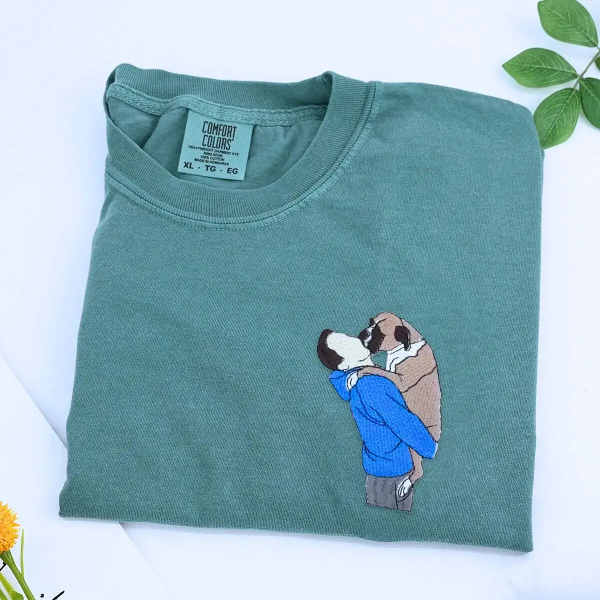 Custom embroidered dog dad shirt with pet portrait and name on sleeve