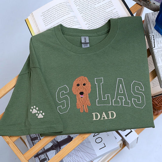 Custom embroidered dog dad shirt with pet portrait and personalized sleeve text