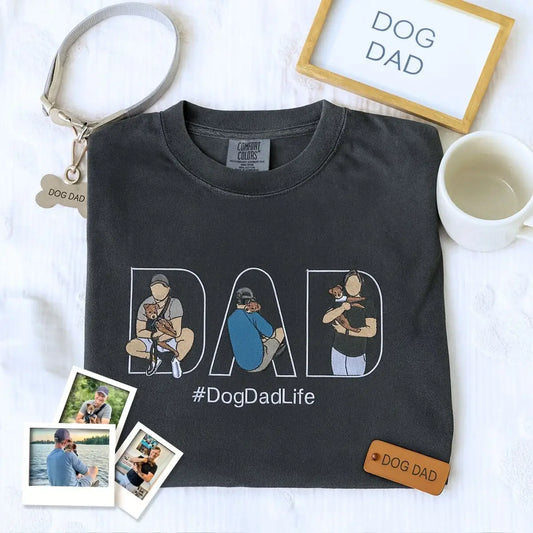 Custom embroidered dog dad shirt with pet portrait and name on sleeve