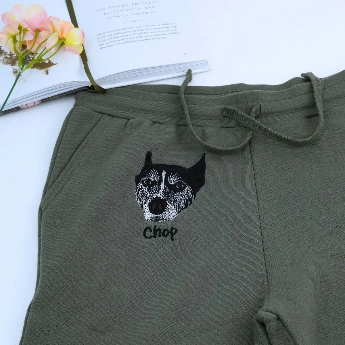 Custom embroidered dog dad shorts with personalized pet portrait stitched from photo
