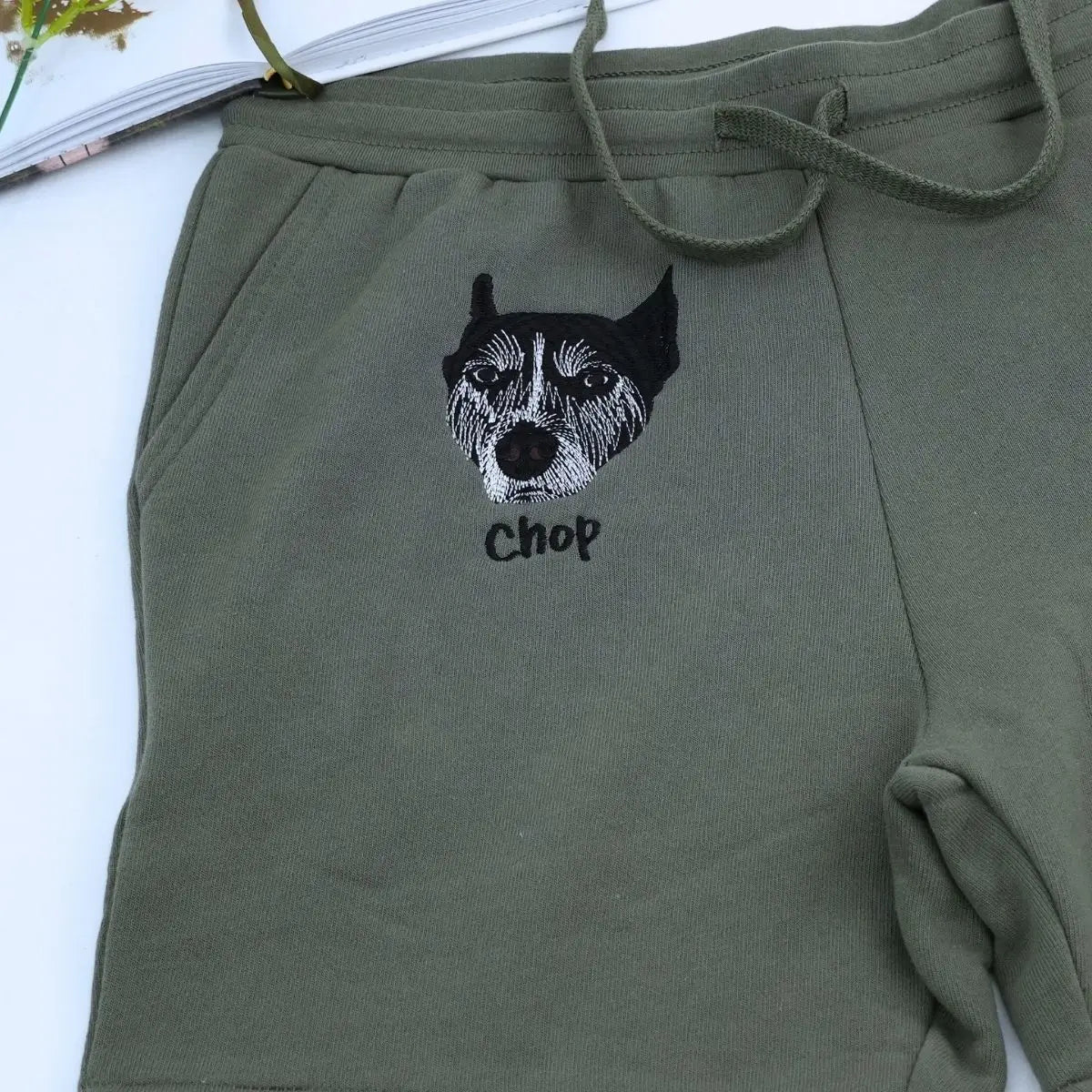 Custom embroidered dog dad shorts with personalized pet portrait stitched from photo