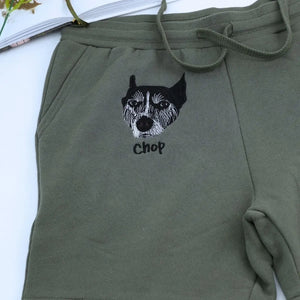 Custom embroidered dog dad shorts with personalized pet portrait stitched from photo
