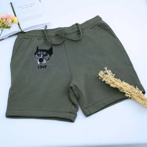Custom embroidered dog dad shorts with personalized pet portrait stitched from photo