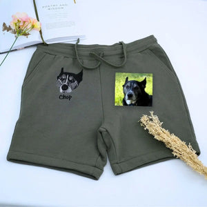 Custom embroidered dog dad shorts with personalized pet portrait stitched from photo
