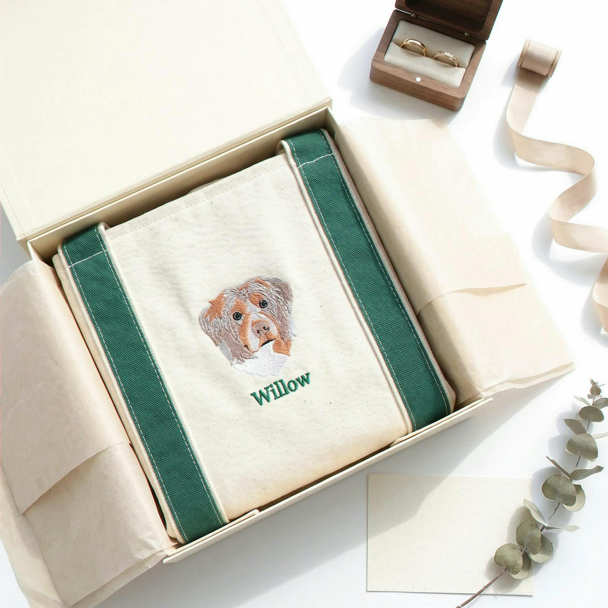 Custom Dog Portrait Tote Bag for Couple - Embroidered Pet Photo Full Color & Name - Matching Anniversary Gift