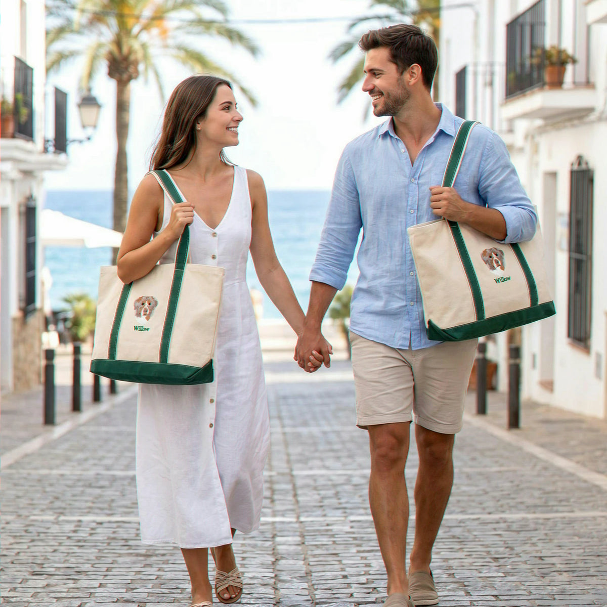 Custom Dog Portrait Tote Bag for Couple - Embroidered Pet Photo Full Color & Name - Matching Anniversary Gift
