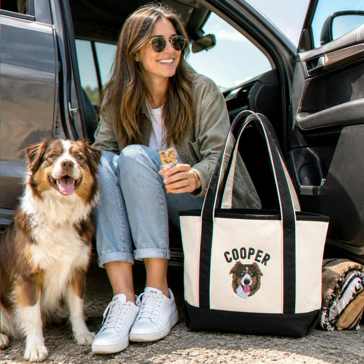 Custom Dog Portrait Tote Bag for Birthday Friend- Embroidered Pet Photo Full Color Bag & Name - Gift for Her