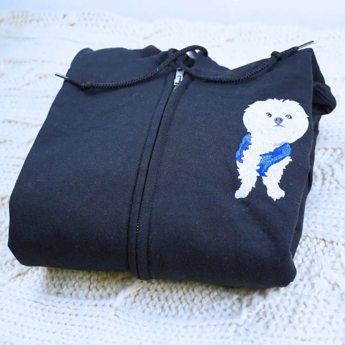 Embroidered quarter-zip hoodie with custom dog portrait for dog moms