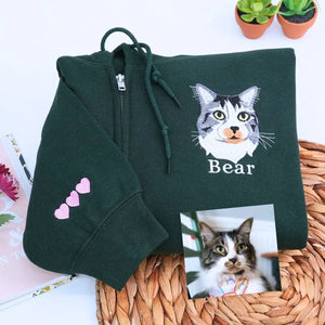 Embroidered quarter-zip hoodie with custom dog portrait for dog moms