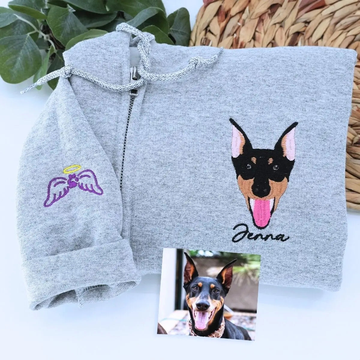 Embroidered quarter-zip hoodie with custom dog portrait for dog moms