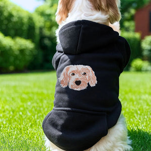 Embroidered dog hoodie featuring custom pet portrait stitched from real photo, cozy and personalized for dogs