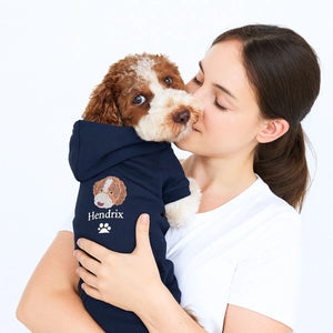 Embroidered dog hoodie featuring custom pet portrait stitched from real photo, cozy and personalized for dogs