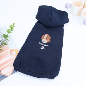 Embroidered dog hoodie featuring custom pet portrait stitched from real photo, cozy and personalized for dogs