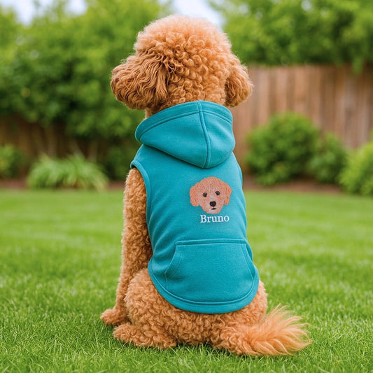 Embroidered dog hoodie featuring custom pet portrait stitched from real photo, cozy and personalized for dogs