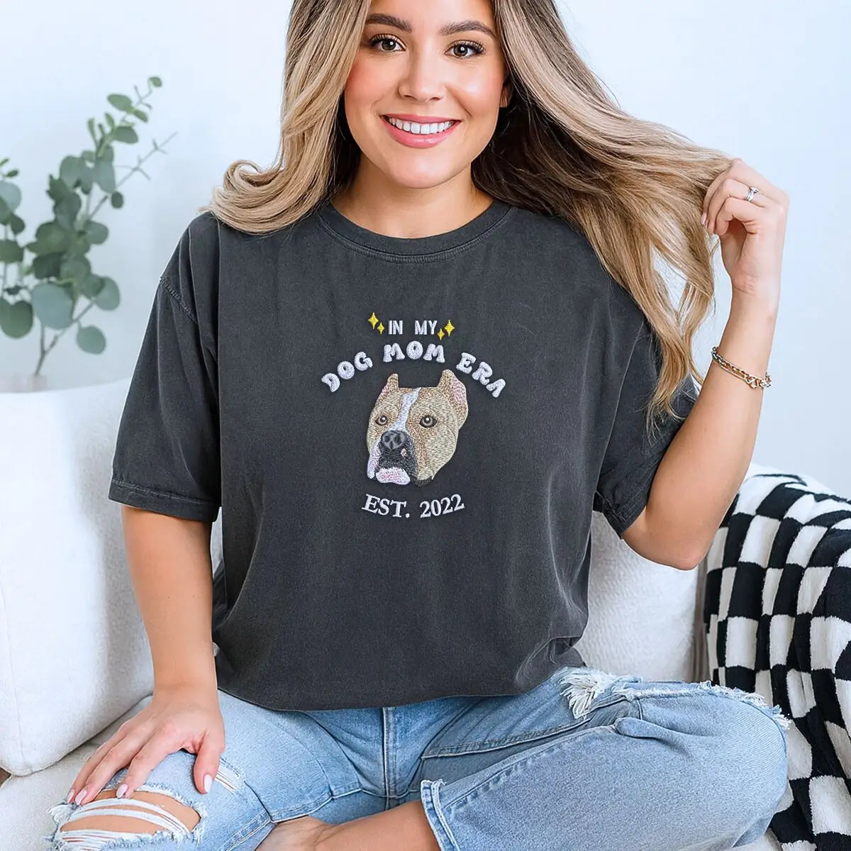 Custom embroidered dog portrait shirt with “In My Dog Mom Era” text and pet name on sleeve