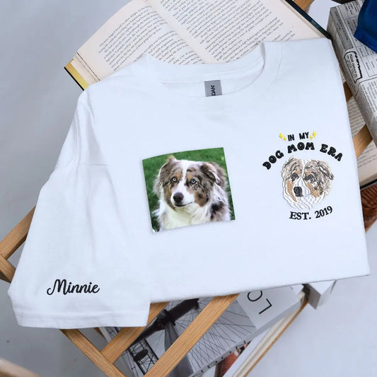Custom embroidered dog portrait shirt with “In My Dog Mom Era” text and pet name on sleeve