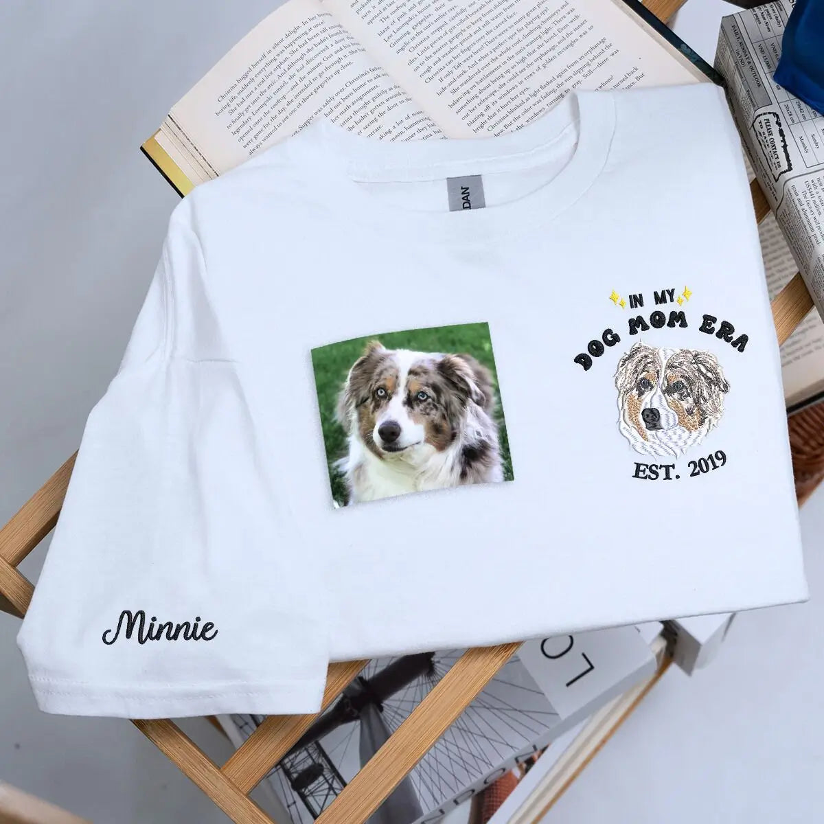 Custom embroidered dog portrait shirt with “In My Dog Mom Era” text and pet name on sleeve