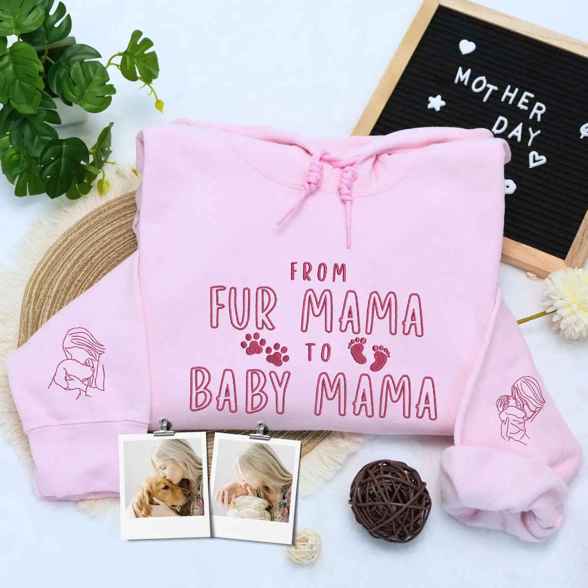 Custom embroidered dog mom sweatshirt with pet portrait on sleeve and fur mama to baby mama text